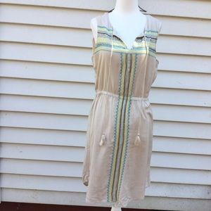 Kenji Dress Womens Sz 8  Embroidered Beaded Beige Yellow Blue Sleeveless Boho